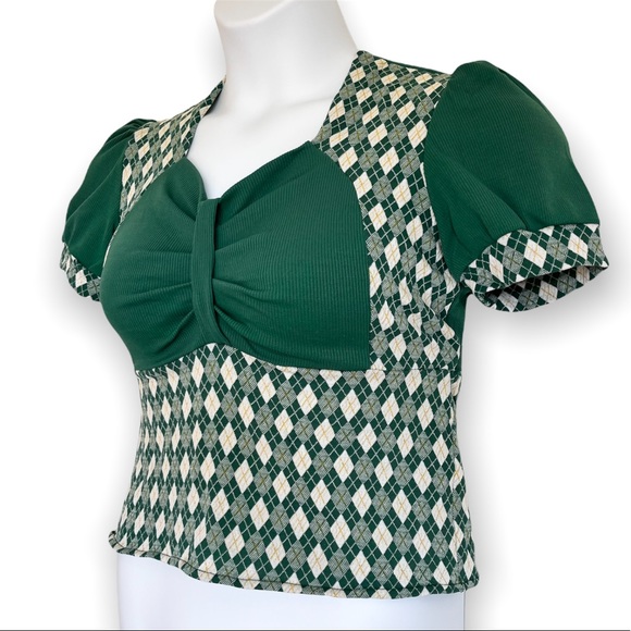 Vintage 70s Argyle Knit Crop Top Green White Stretch Size Large - Picture 1 of 9